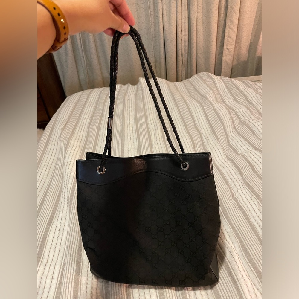 GUCCI Gifford GG Monogram Black Canvas & Leather Braided Tote Bag